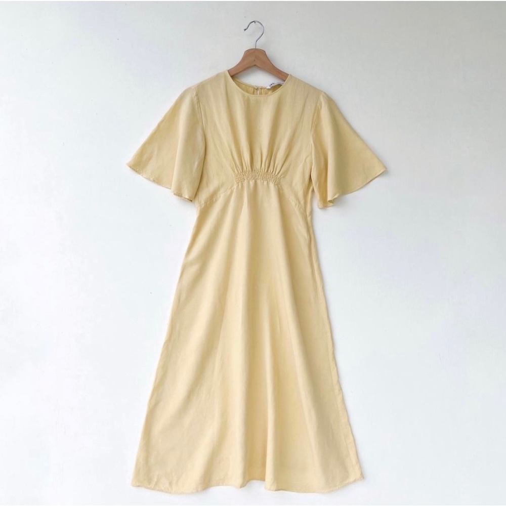 Zara Light Yellow Flutter Sleeve Midi Dress with Stretchy Panels NWT